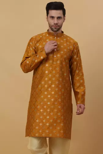 Yellow jacquard printed kurta for men