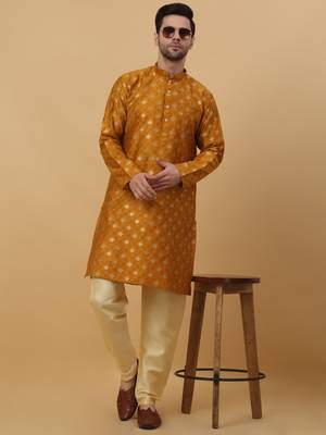 Yellow jacquard printed kurta for men 5