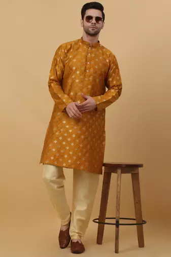 Yellow jacquard printed kurta for men