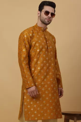 Yellow jacquard printed kurta for men