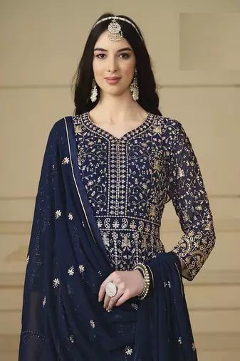 NAVY BLUE GEORGETTE EMBROIDERED ANARKALI SALWAR KAMEEZ
