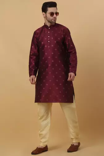 Maroon jacquard printed kurta for men