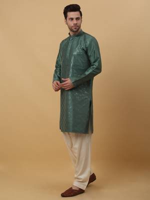 Men's Cotton Silk Sequenced Green Kurta 1