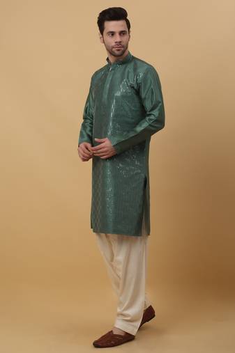 Men's Cotton Silk Sequenced Green Kurta