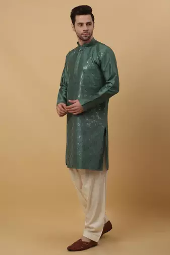Men's Cotton Silk Sequenced Green Kurta