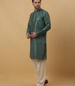 Men's Cotton Silk Sequenced Green Kurta