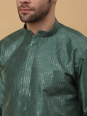 Men's Cotton Silk Sequenced Green Kurta 2