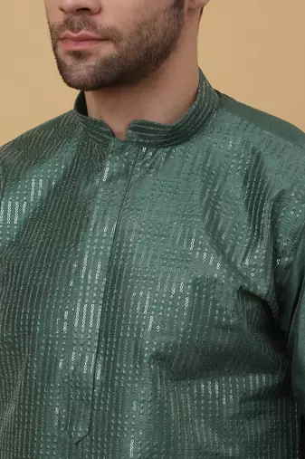 Men's Cotton Silk Sequenced Green Kurta
