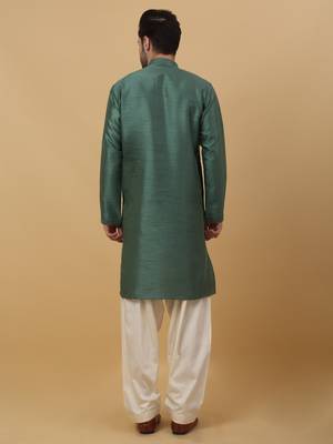 Men's Cotton Silk Sequenced Green Kurta 3