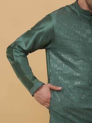 Men's Cotton Silk Sequenced Green Kurta 4