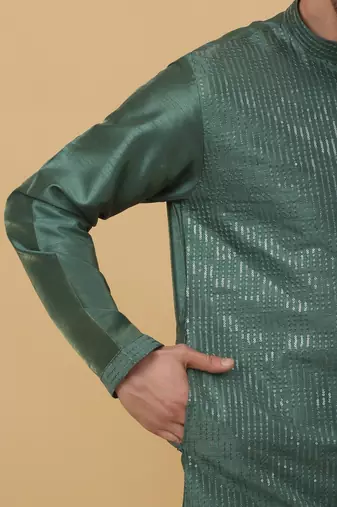 Men's Cotton Silk Sequenced Green Kurta