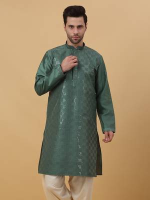 Men's Cotton Silk Sequenced Green Kurta 5