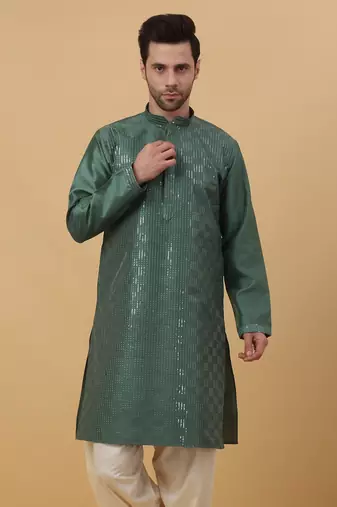 Men's Cotton Silk Sequenced Green Kurta