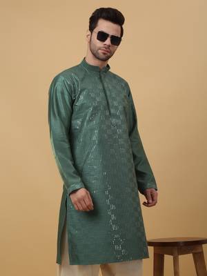 Men's Cotton Silk Sequenced Green Kurta 7