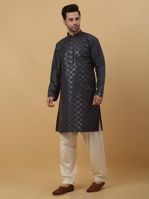 Men's Cotton Silk Sequenced Grey Kurta 1