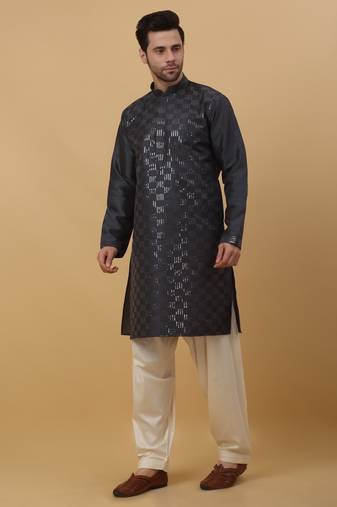 Men's Cotton Silk Sequenced Grey Kurta
