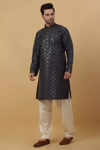 Men's Cotton Silk Sequenced Grey Kurta