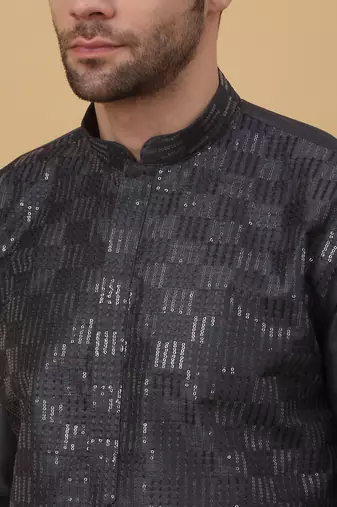 Men's Cotton Silk Sequenced Grey Kurta
