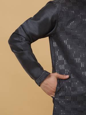 Men's Cotton Silk Sequenced Grey Kurta 4