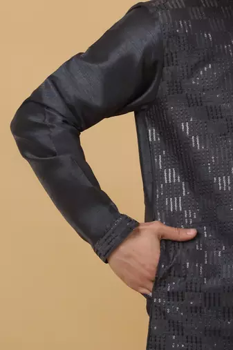 Men's Cotton Silk Sequenced Grey Kurta