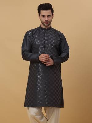 Men's Cotton Silk Sequenced Grey Kurta 5