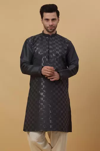 Men's Cotton Silk Sequenced Grey Kurta