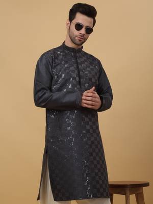 Men's Cotton Silk Sequenced Grey Kurta 6