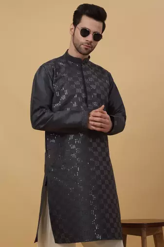 Men's Cotton Silk Sequenced Grey Kurta