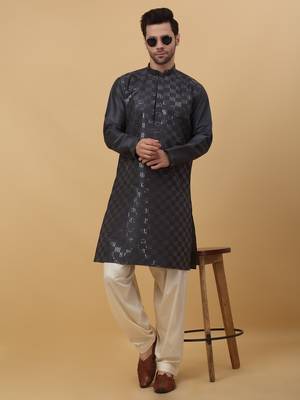 Men's Cotton Silk Sequenced Grey Kurta 7