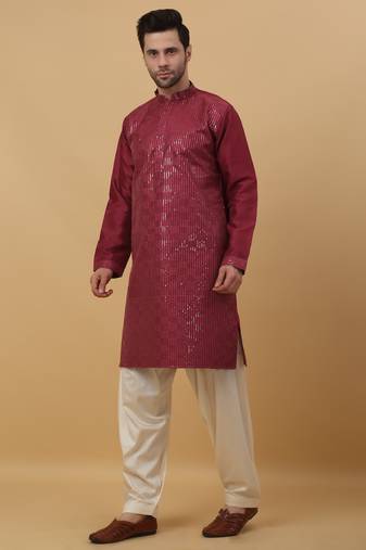 Men's Cotton Silk Sequenced Wine Kurta