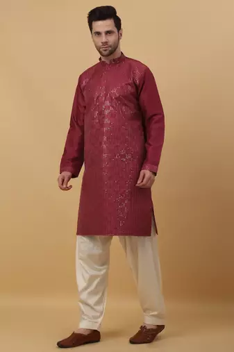 Men's Cotton Silk Sequenced Wine Kurta