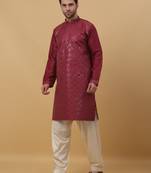Men's Cotton Silk Sequenced Wine Kurta