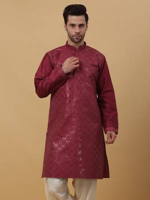 Men's Cotton Silk Sequenced Wine Kurta 5