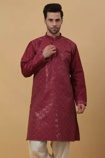 Men's Cotton Silk Sequenced Wine Kurta