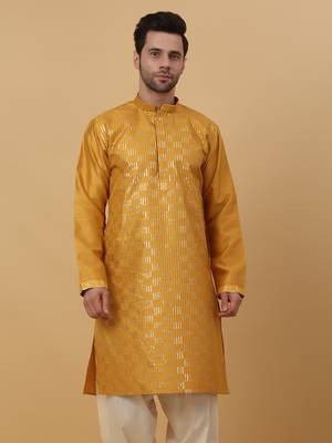 Men's Cotton Silk Sequenced Yellow Kurta 1
