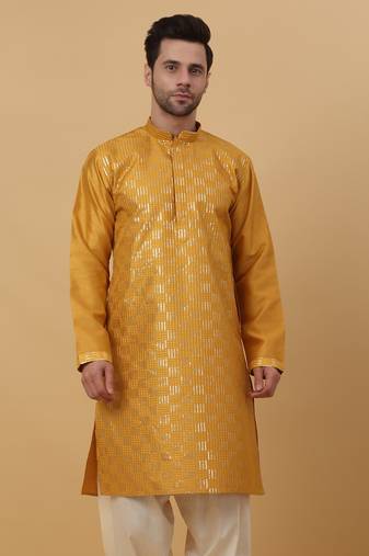 Men's Cotton Silk Sequenced Yellow Kurta