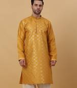 Men's Cotton Silk Sequenced Yellow Kurta