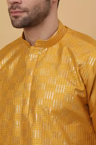 Men's Cotton Silk Sequenced Yellow Kurta