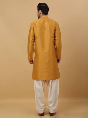 Men's Cotton Silk Sequenced Yellow Kurta 3