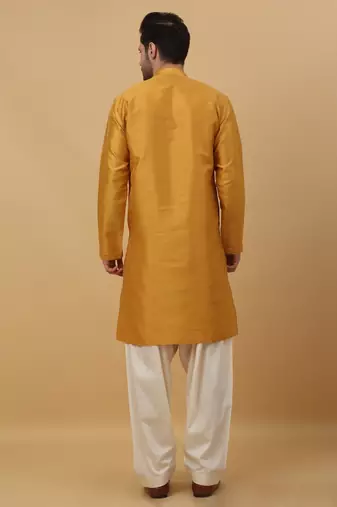 Men's Cotton Silk Sequenced Yellow Kurta