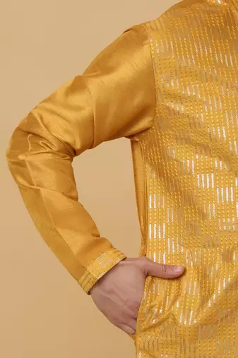 Men's Cotton Silk Sequenced Yellow Kurta