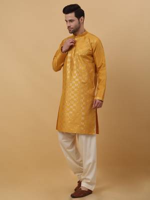 Men's Cotton Silk Sequenced Yellow Kurta 5