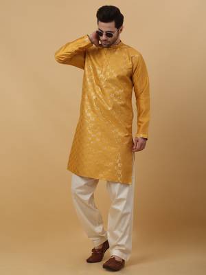 Men's Cotton Silk Sequenced Yellow Kurta 6