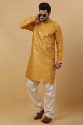 Men's Cotton Silk Sequenced Yellow Kurta