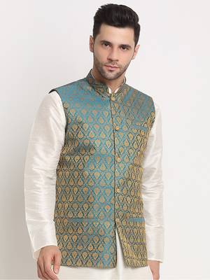 blue silk blend zari work nehru jacket 1