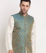 blue silk blend zari work nehru jacket
