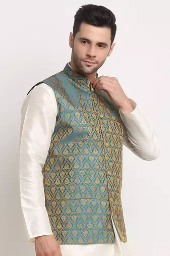 blue silk blend zari work nehru jacket
