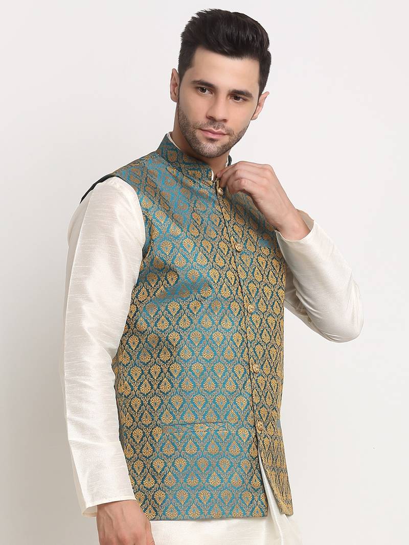 blue silk blend zari work nehru jacket
