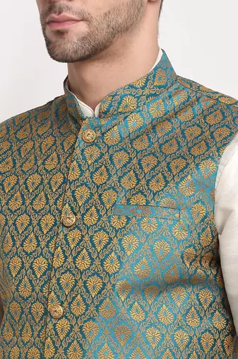 blue silk blend zari work nehru jacket