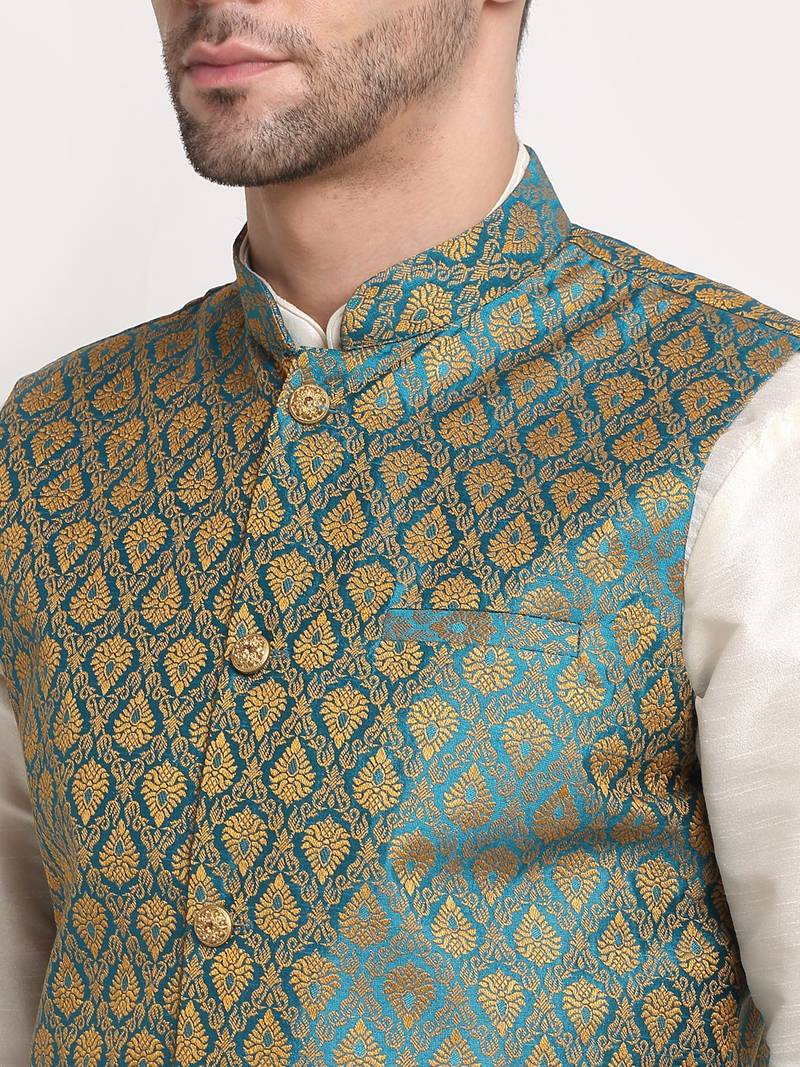blue silk blend zari work nehru jacket